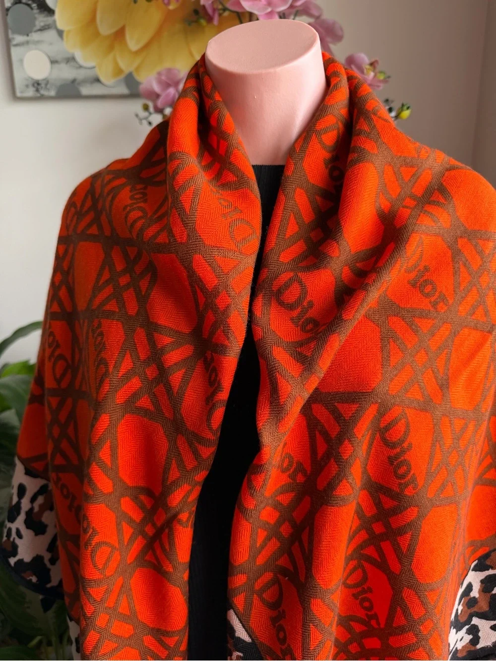 Dior Orange and Brown Logo Pattern Wool/Silk/Cashmere blend Scarf.